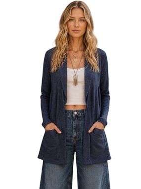 Zenana Navy Heather Ribbed Sweater Open front with Pockets Cardigan